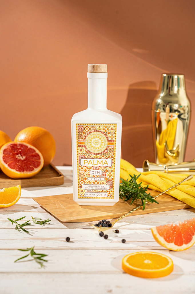 Palma Vodka on a wooden board with lemon and Flor de Sal